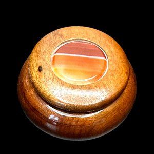Vintage Wooden Trinket Box with Banded Agate Inlay – Handmade Decorative Storage